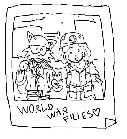 un chat et un chien anthropomorphique soldats s'appellant Maknav et Woufeuse qui font la pose et sourient sur une photo polaroid avec écrit world war filles coeur
